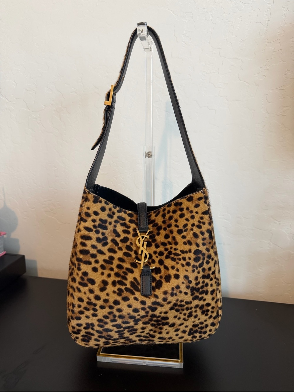 Saint Laurent Le 5 A 7 Small Hobo Bag in Leopard-Print Calf Hair